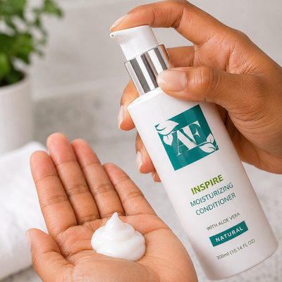 Hand holding a bottle of 'AF' moisturizing conditioner with a small amount on the palm.